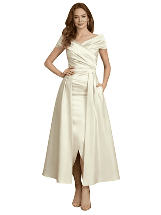 Elegant Off The Shoulder Satin Short Mother Of The Bride Dresses Overskirt