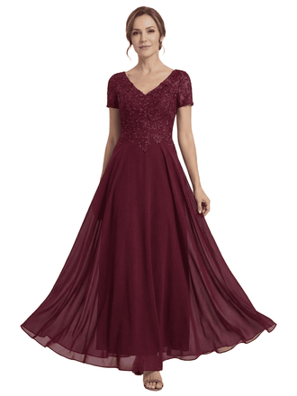 Elegant V-neck Short Sleeves Chiffon A-Line Mother of The Bride Dresses