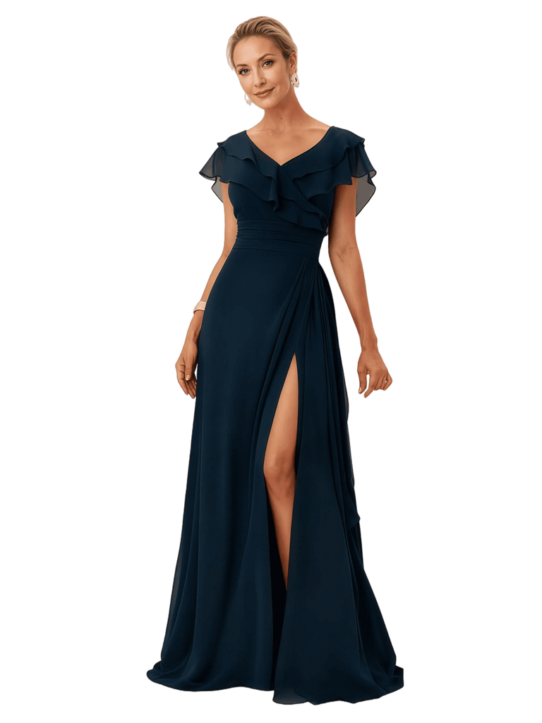 Elegant Flutter Sleeves V-Neck Chiffon A-Line Mother of The Bride Dresses