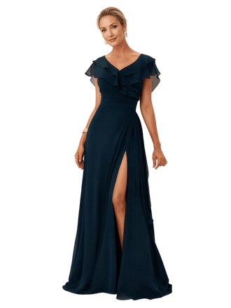 Elegant Flutter Sleeves V-Neck Chiffon A-Line Mother of The Bride Dresses