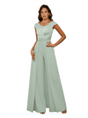 Elegant Cap Sleeves Scoop Satin Pantsuit Mother Of The Bride Dresses Overskirt