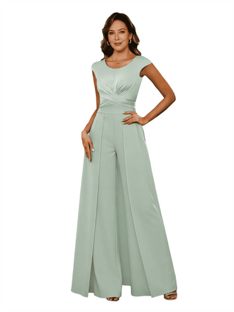 Elegant Cap Sleeves Scoop Satin Pantsuit Mother Of The Bride Dresses Overskirt
