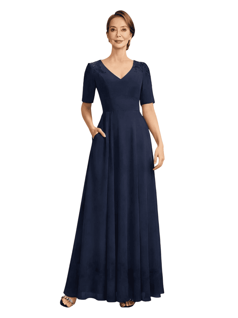 Elegant V-neck Half Sleeves Chiffon A-line Long Mother of The Bride Dresses