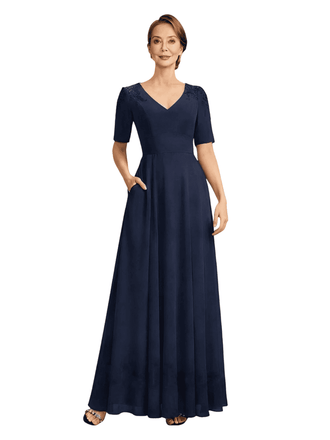 Elegant V-neck Half Sleeves Chiffon A-line Long Mother of The Bride Dresses