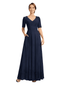 Elegant V-neck Half Sleeves Chiffon A-line Long Mother of The Bride Dresses