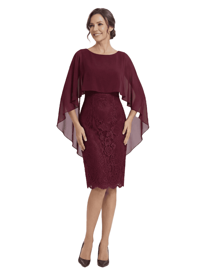 Elegant Cape Neck Scoop Lace Chiffon Cocktail Mother of The Bride Dresses