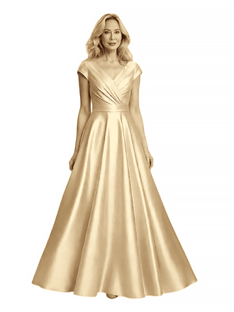 Elegant Satin V-neck Cap Sleeves A-line Long Mother Of The Bride Dresses