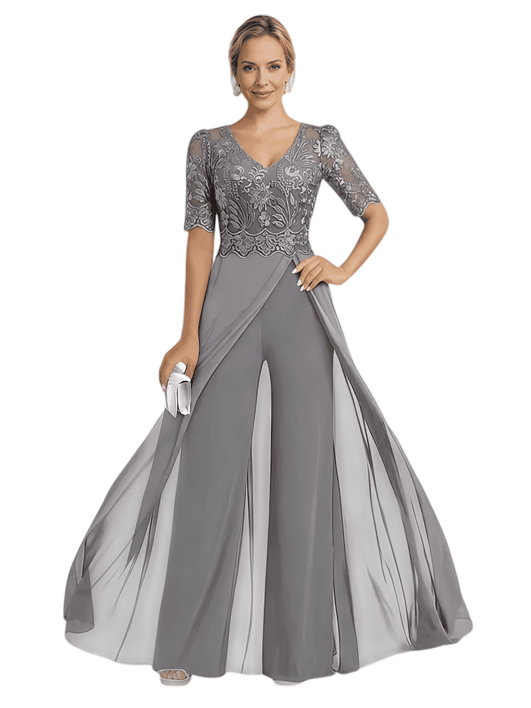Elegant V-neck Chiffon And Lace Half Sleeves Pantsuit For Mother Of The Bride OverSkirt