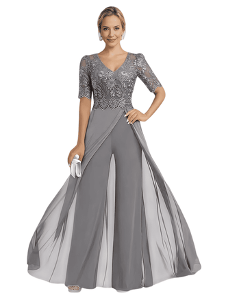 Elegant V-neck Chiffon And Lace Half Sleeves Pantsuit For Mother Of The Bride OverSkirt