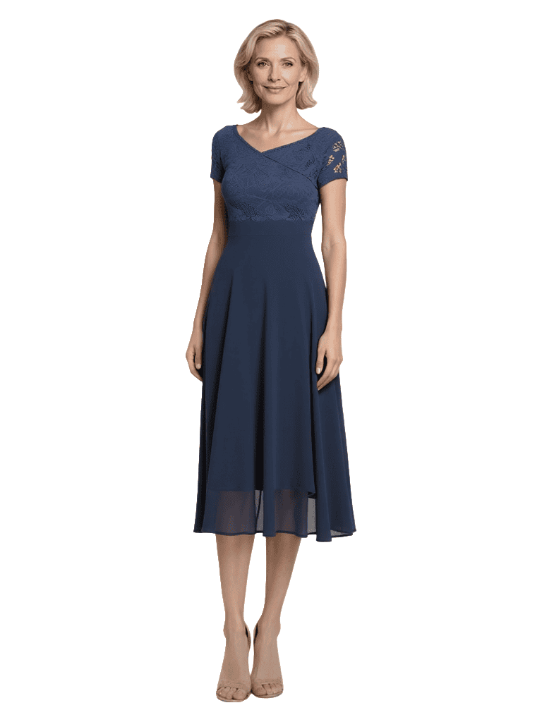 Elegant V-neck Short Sleeves Chiffon A-Line Tea Length Mother of The Bride Dresses