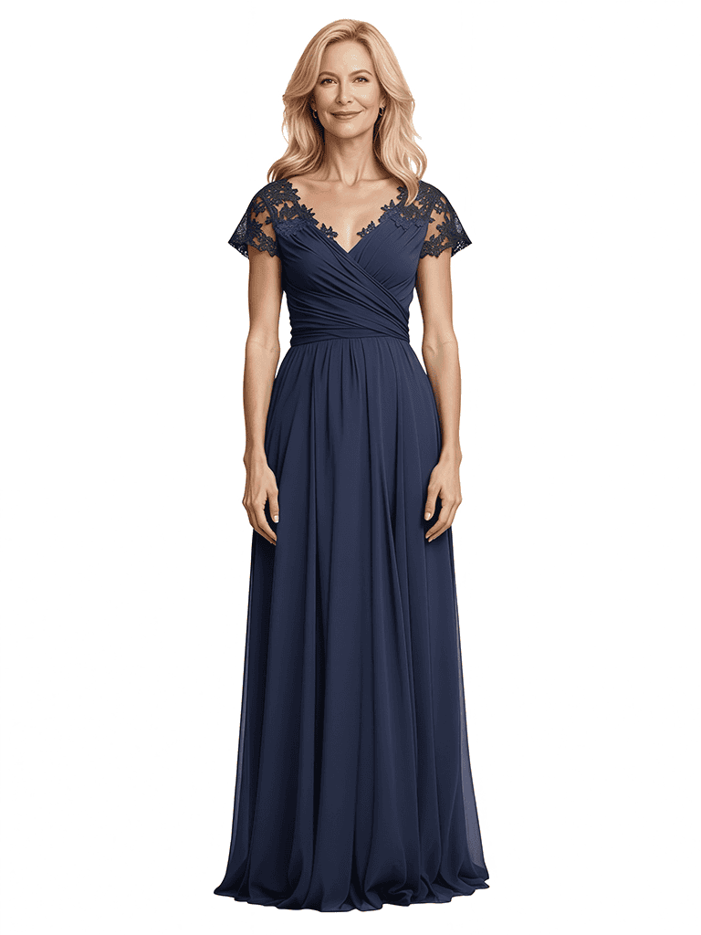 Elegant A-Line V-Neck Short Sleeves Lace Chiffon Mother of The Bride Dresses