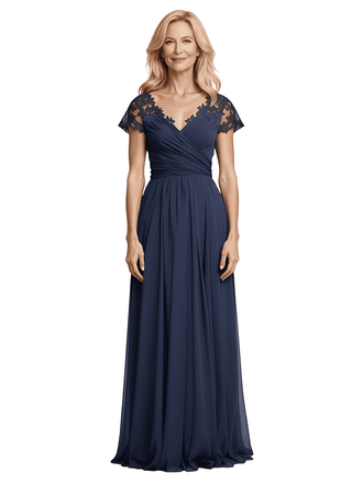 Elegant A-Line V-Neck Short Sleeves Lace Chiffon Mother of The Bride Dresses