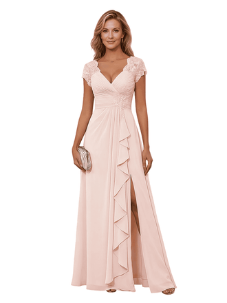 Elegant V-neck Cap Sleeves Ruffles Chiffon A-Line Mother of The Bride Dresses