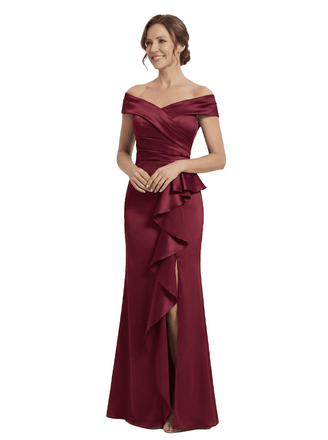 Elegant Off Shoulder Satin Side Slit Ruffles Mermaid Mother Of The Bride Dresses
