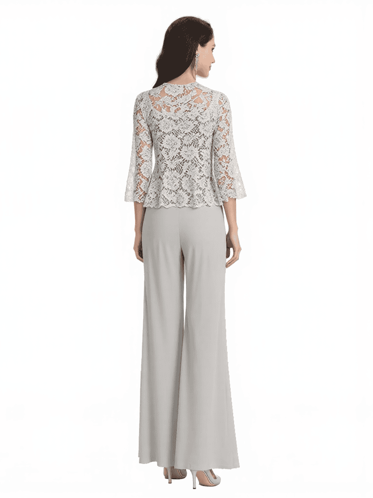 Elegant Square Chiffon And Lace Long Sleeves Pantsuit For Mother Of The Bride and Jacket