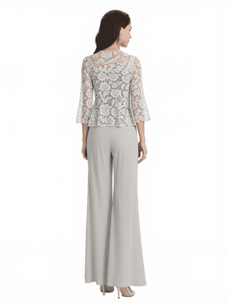 Elegant Square Chiffon And Lace Long Sleeves Pantsuit For Mother Of The Bride and Jacket