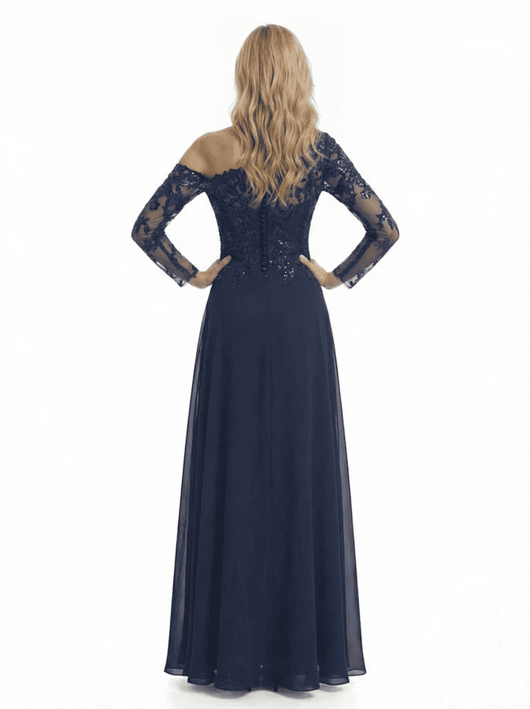 Modern Lace Long Sleeves Asymmetrical Chiffon Side Slit Mother Of The Bride Dresses