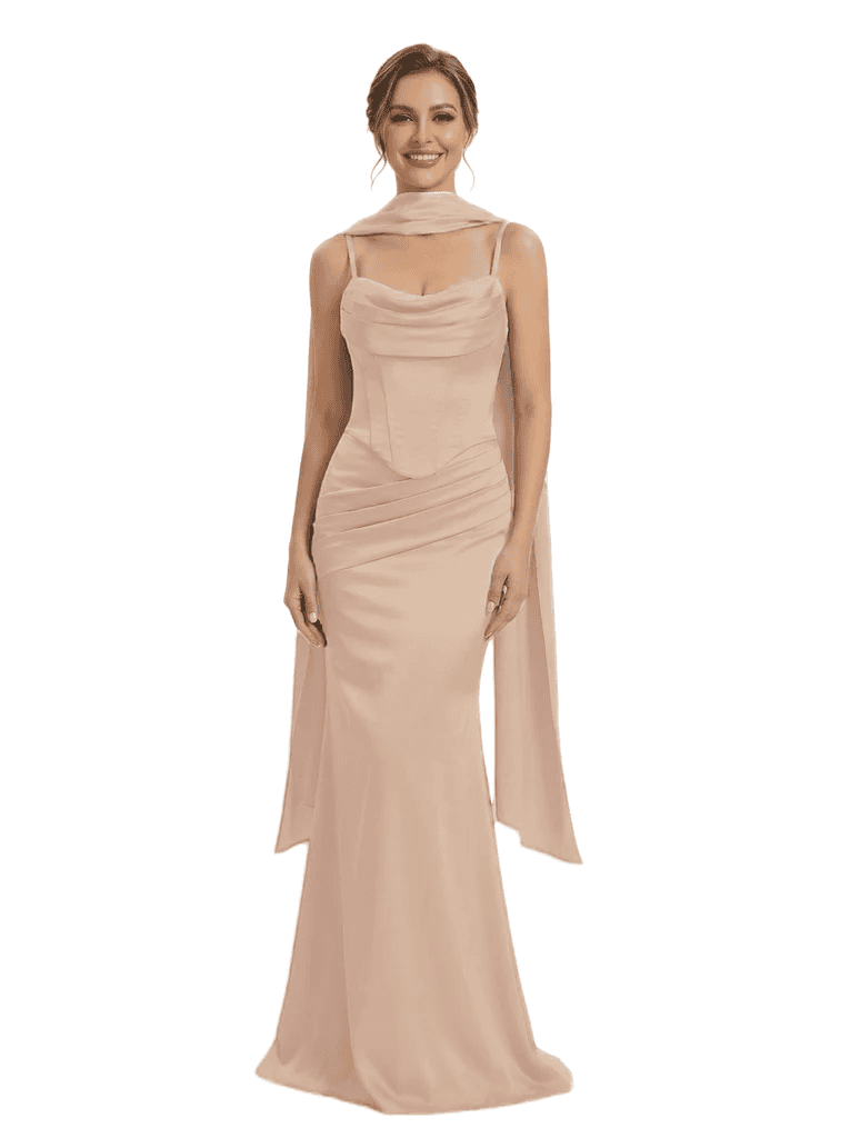 ChicSew Spaghetti Straps Corset Satin Ruched Mermaid Long Formal Bridesmaid Dresses