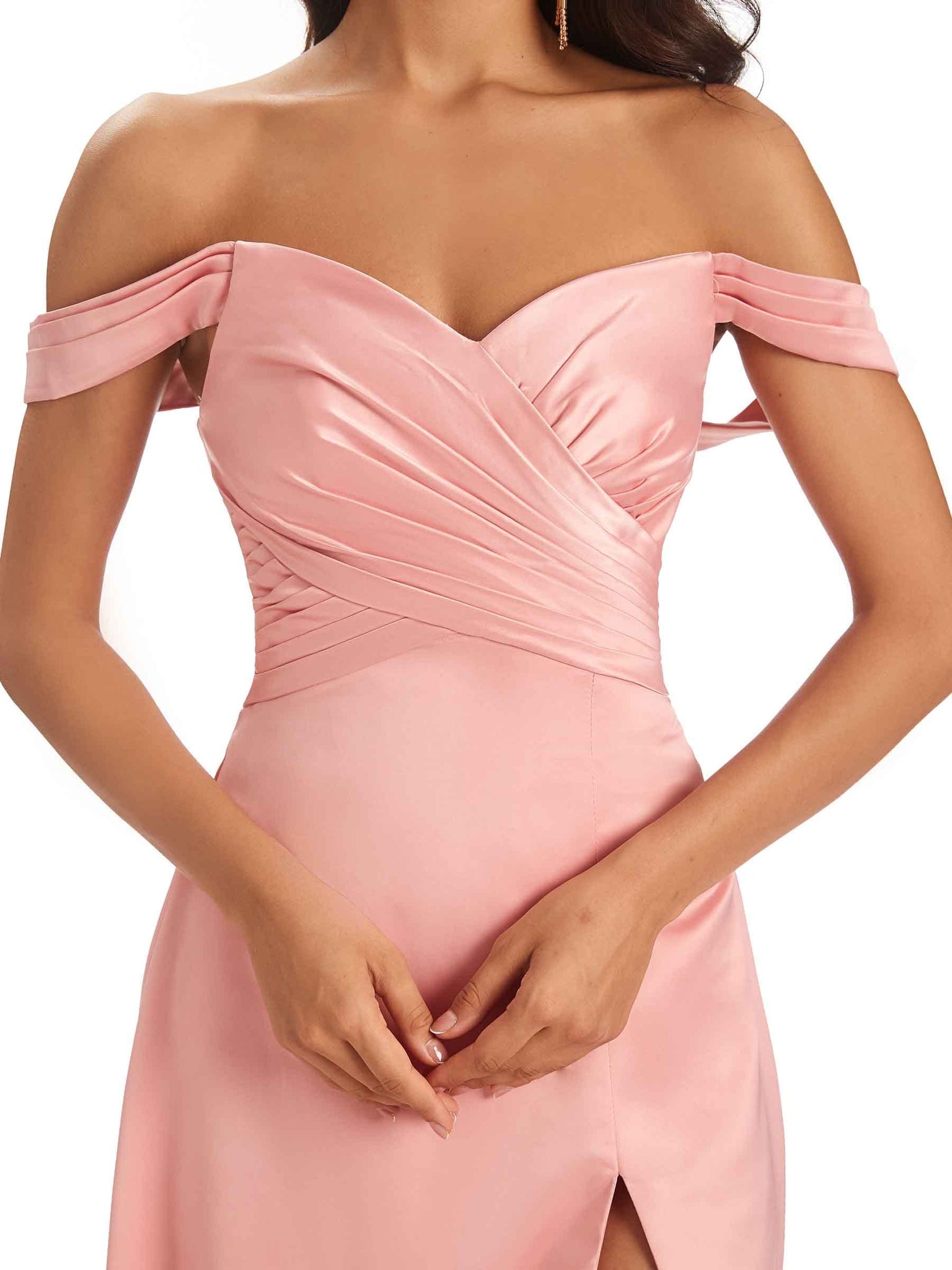 Sexy Side Slit Off The Shoulder A-line long Long Soft Satin Prom Dresses Online