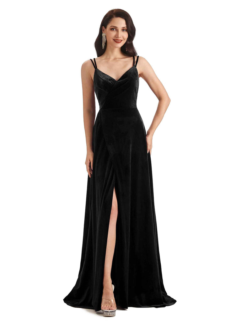 Sexy Open Back Side Slit Spaghetti Straps Velvet Long Bridesmaid Dresses Online - ChicSew chicsewuk Sexy Open Back Side Slit Spaghetti Straps Velvet Long Bridesmaid Dresses Online - ChicSew chicsewuk