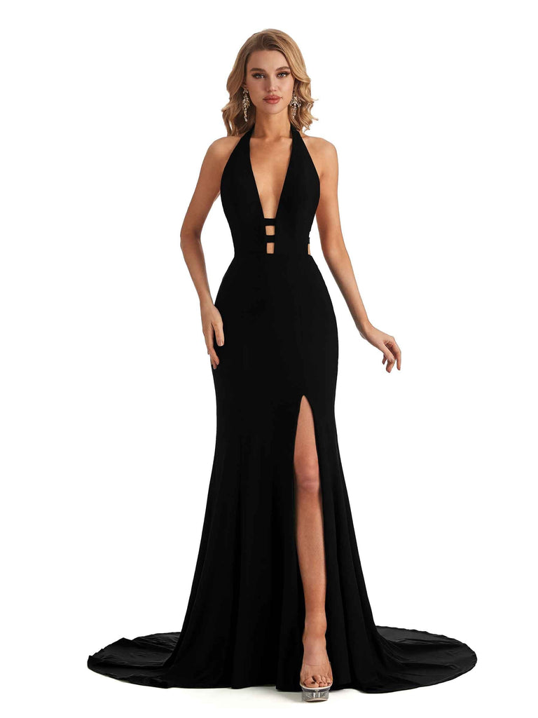 Sexy Mermaid Halter V-Neck Side Slit Stretchy Jersey Long Formal Bridesmaid Dresses- ChicSew chicsewuk Sexy Mermaid Halter V-Neck Side Slit Stretchy Jersey Long Formal Bridesmaid Dresses- ChicSew chicsewuk