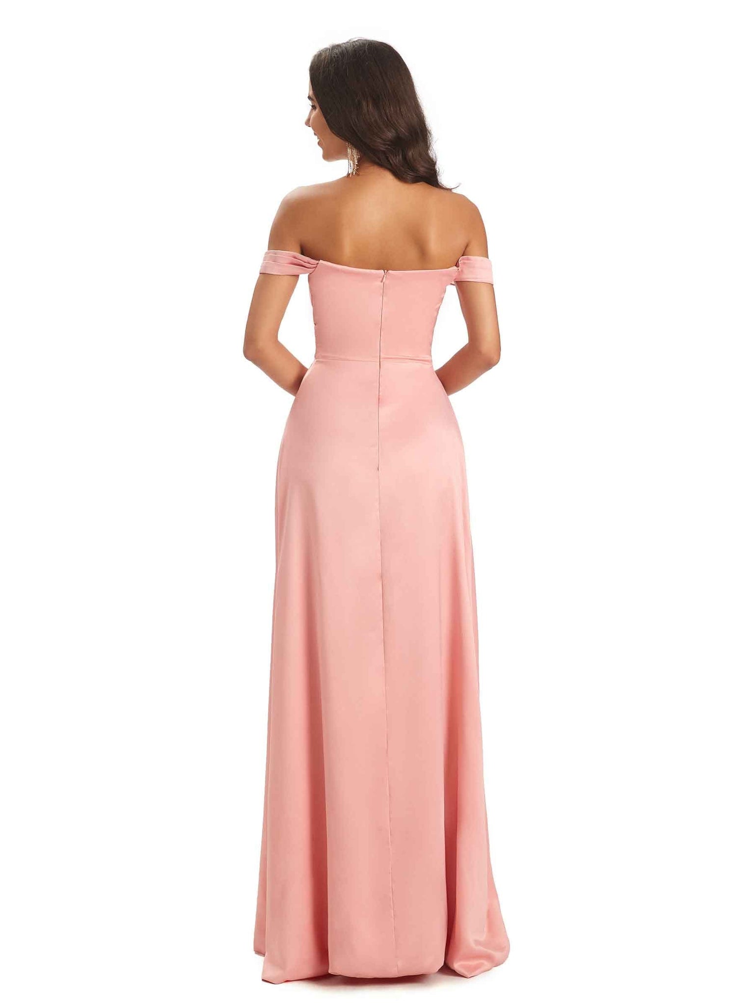 Sexy Side Slit Off The Shoulder A-line long Long Soft Satin Prom Dresses Online