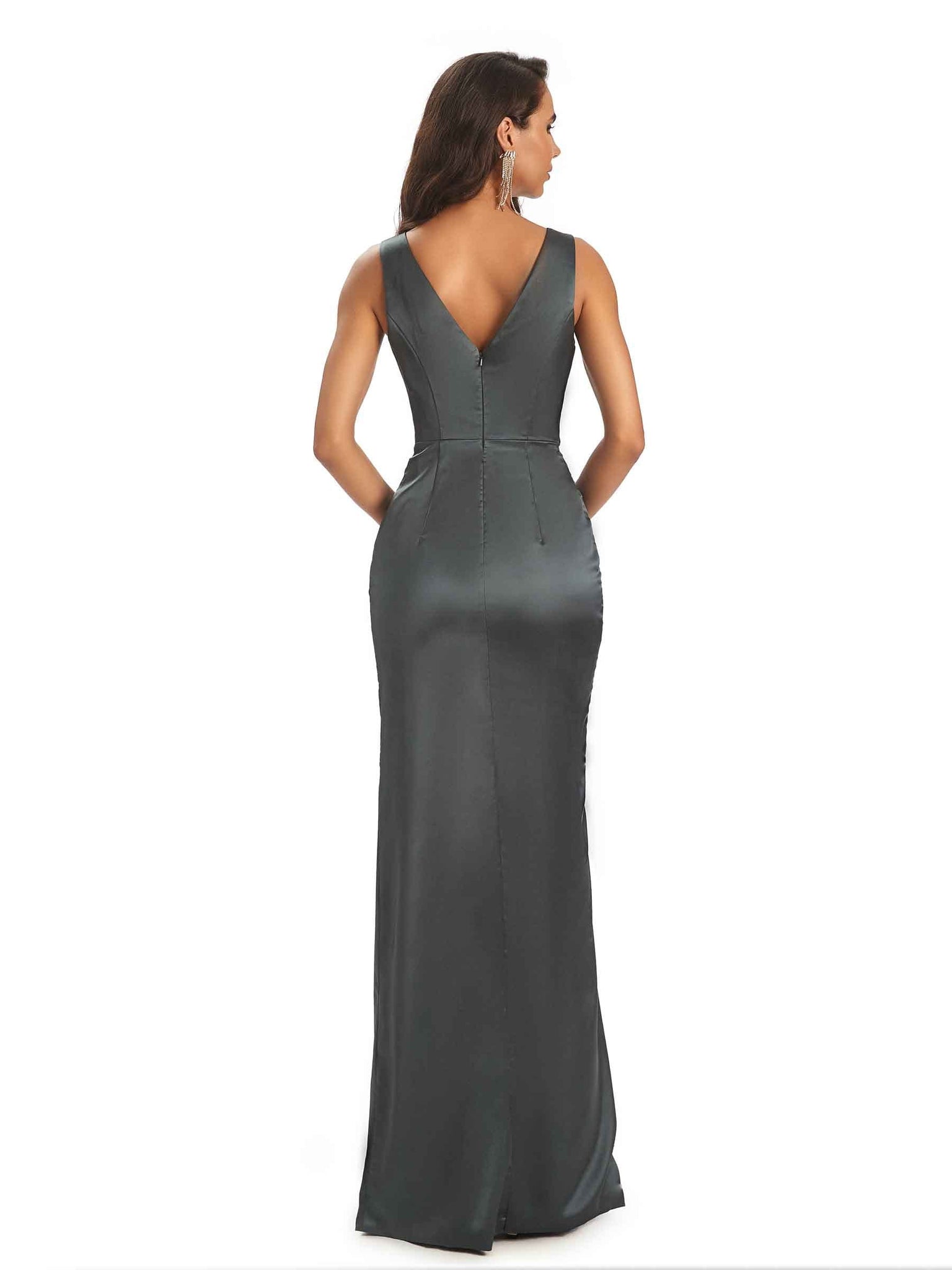 Soft Satin Front Slit V-neck Floor-Length Long Prom Dresses Online