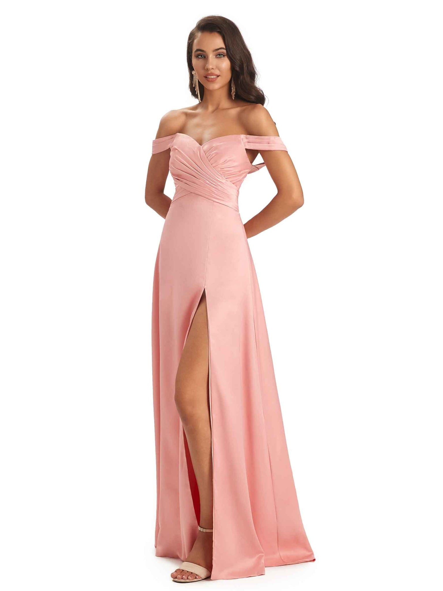Sexy Side Slit Off The Shoulder A-line long Long Soft Satin Prom Dresses Online