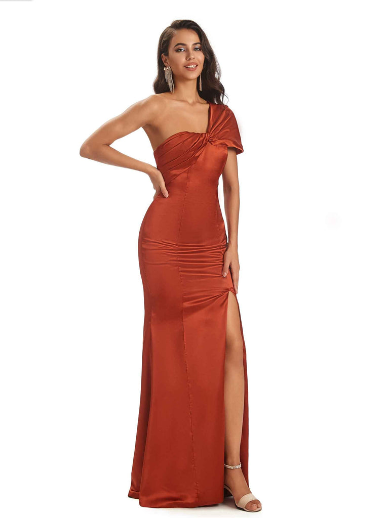 Soft Satin Side Slit One Shoulder Cap Sleeve Floor-Length Long Sheath Prom Dresses