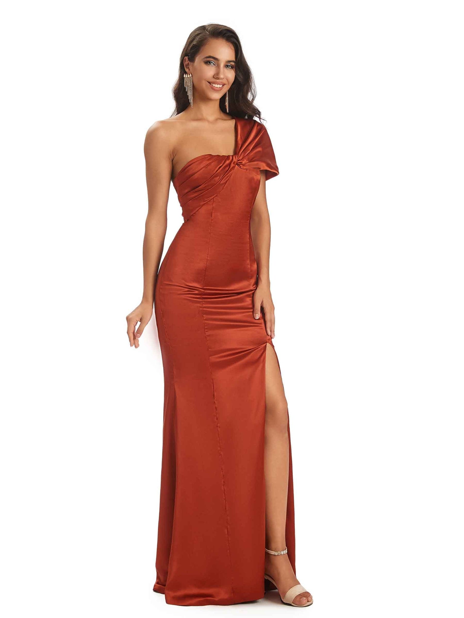 Soft Satin Side Slit One Shoulder Cap Sleeve Floor-Length Long Sheath Prom Dresses