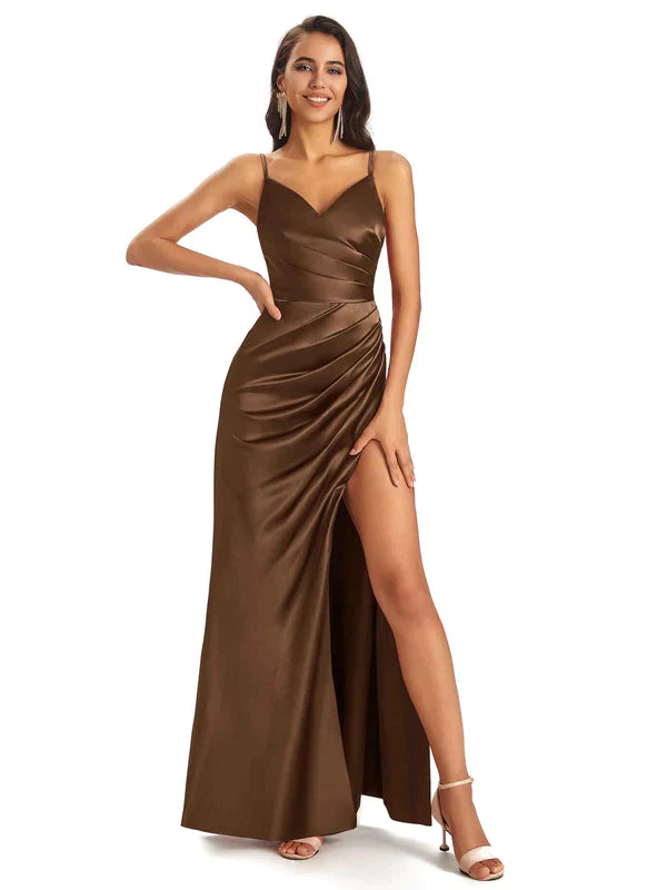 Mix and Match Brown Sexy Side Slit Mermaid Soft Satin Long Bridesmaid Dresses Online