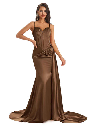 Mix and Match Brown Sexy Side Slit Mermaid Soft Satin Long Bridesmaid Dresses Online