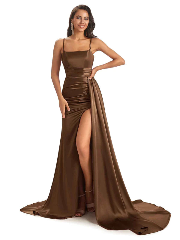 Mix and Match Brown Sexy Side Slit Mermaid Soft Satin Long Bridesmaid Dresses Online