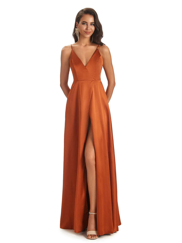 Spaghetti Straps V-neck Soft Satin Side Slit Long Modern Prom Dresses Online