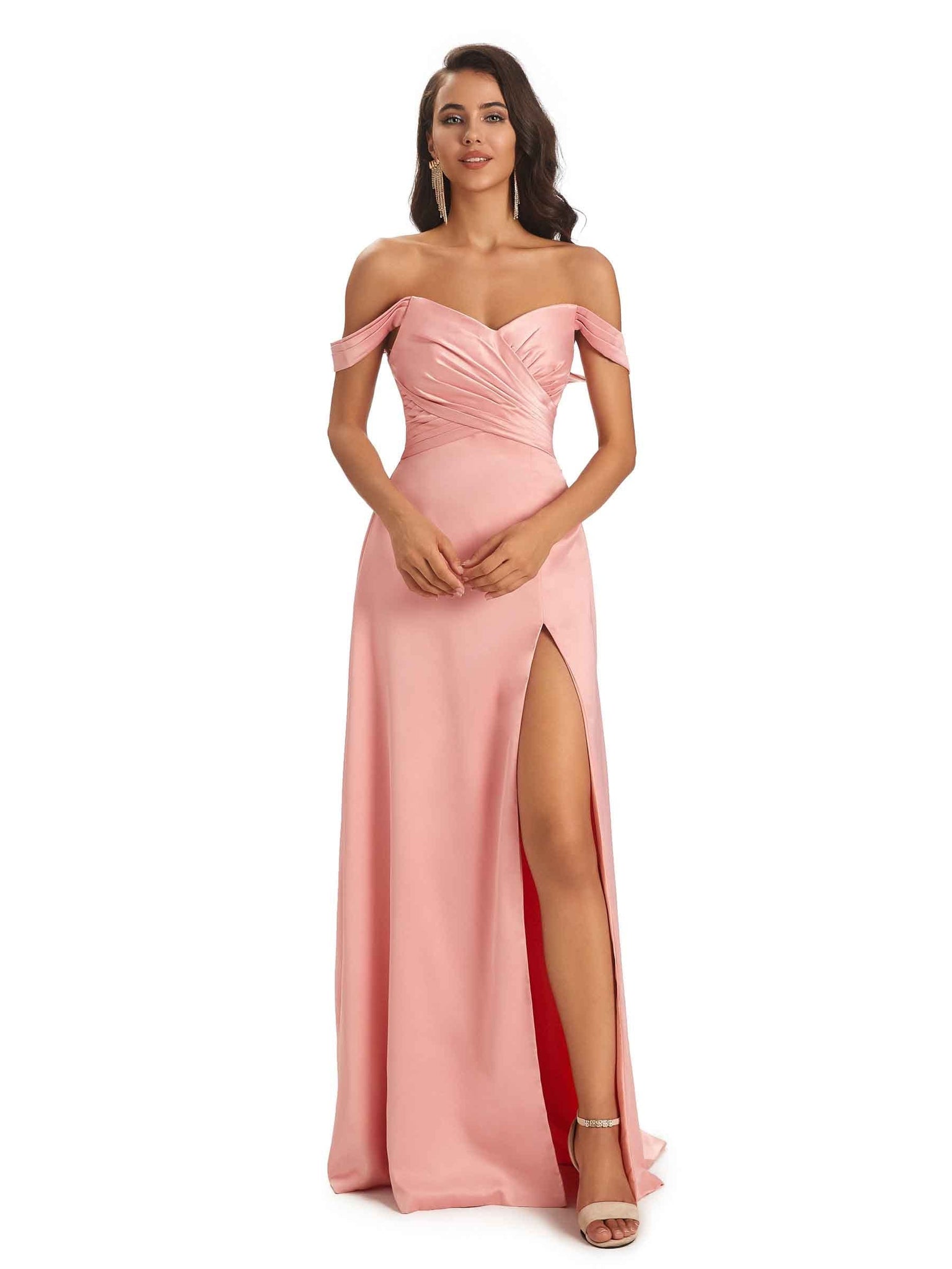 Sexy Side Slit Off The Shoulder A-line long Long Soft Satin Prom Dresses Online