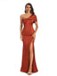Soft Satin Side Slit One Shoulder Cap Sleeve Floor-Length Mermaid Bridesmaid Dresses UK