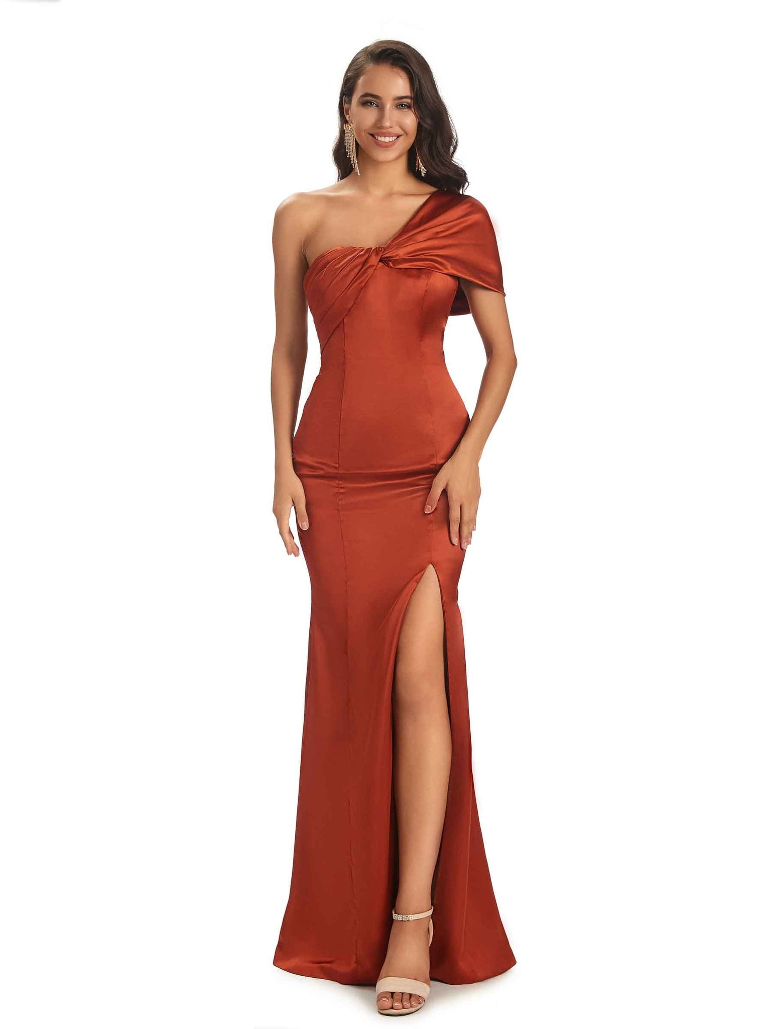 Soft Satin Side Slit One Shoulder Cap Sleeve Floor-Length Long Sheath Prom Dresses