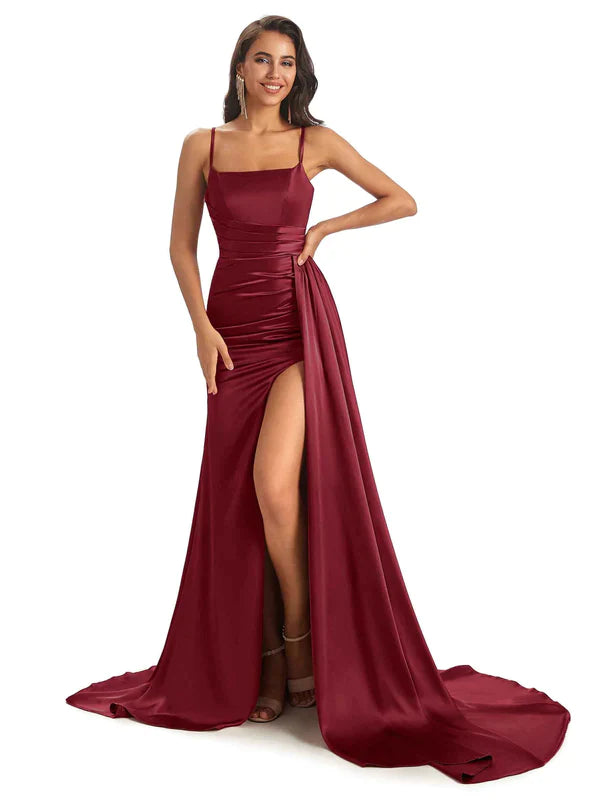 Mismatched Burgandy Sexy Side Slit Mermaid Soft Satin Long Bridesmaid Dresses Online