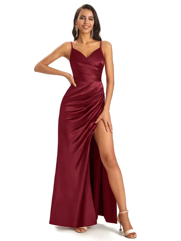 Mismatched Burgandy Sexy Side Slit Mermaid Soft Satin Long Bridesmaid Dresses Online