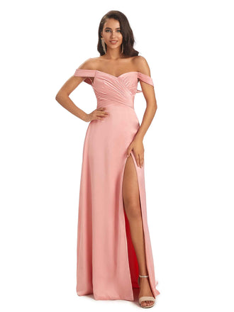 Sexy Side Slit Off The Shoulder A-line long Long Soft Satin Prom Dresses Online