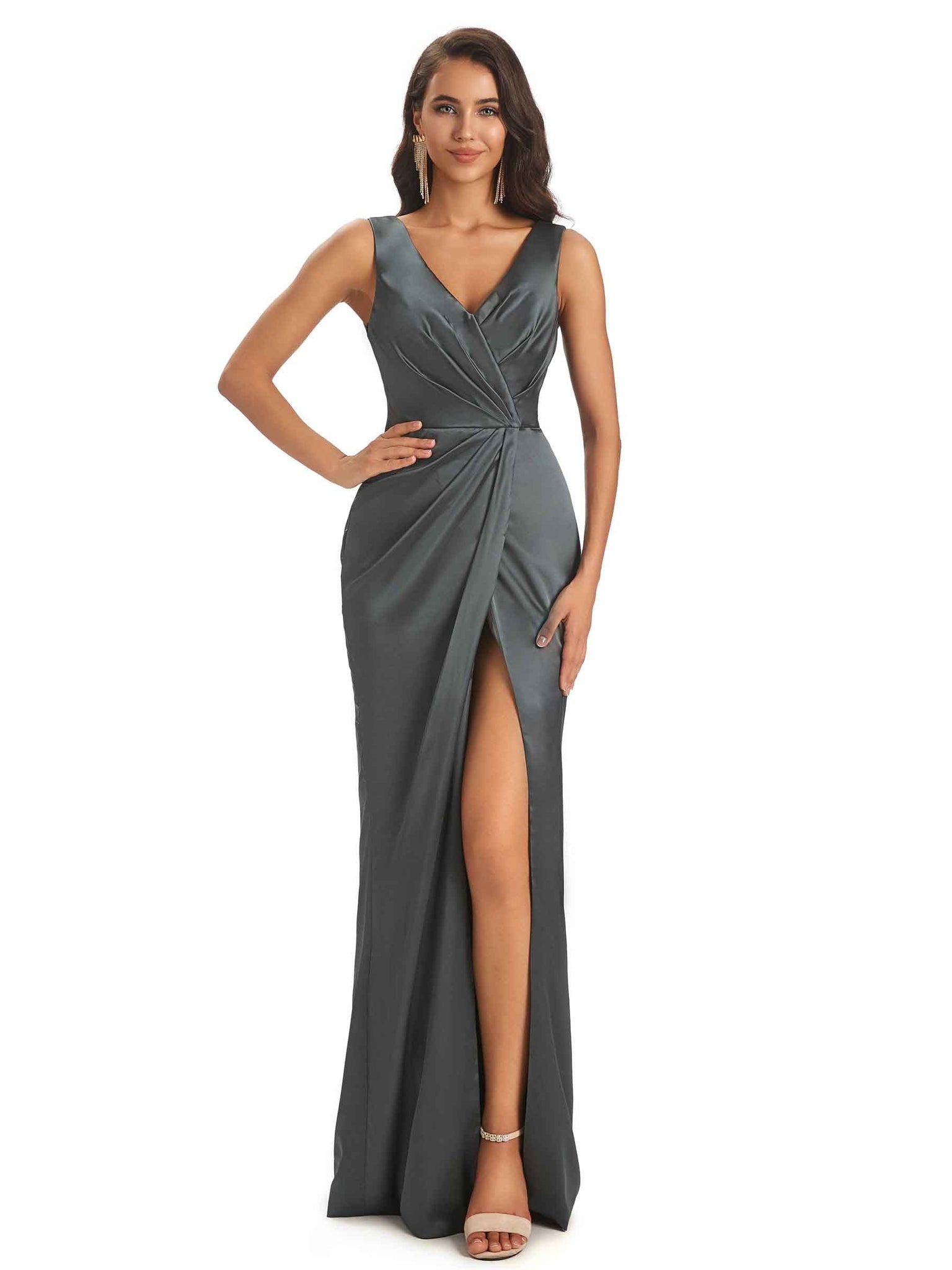 Soft Satin Front Slit V-neck Floor-Length Long Prom Dresses Online