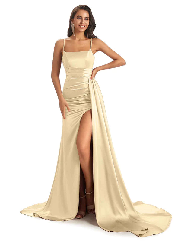 Mismatched Champagne Sexy Side Slit Mermaid Soft Satin Long Bridesmaid – chicsewuk