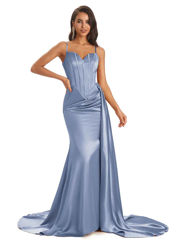 Mismatched Dusty Blue Sexy Side Slit Mermaid Soft Satin Long Bridesmaid Dresses UK
