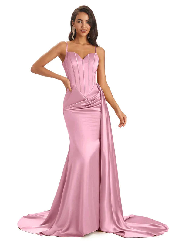 Mismatched Dusty-Rose Sexy Side Slit Mermaid Soft Satin Long Bridesmaid Dresses UK