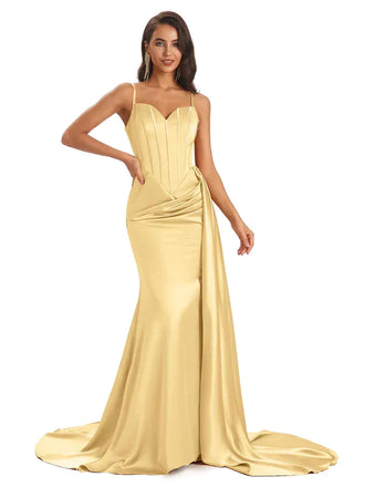 Mismatched Gold Sexy Side Slit Mermaid Soft Satin Long Bridesmaid Dresses UK