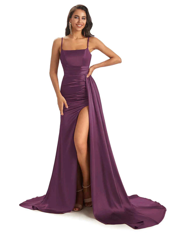Mismatched Grape Sexy Side Slit Mermaid Soft Satin Long Bridesmaid Dresses Online