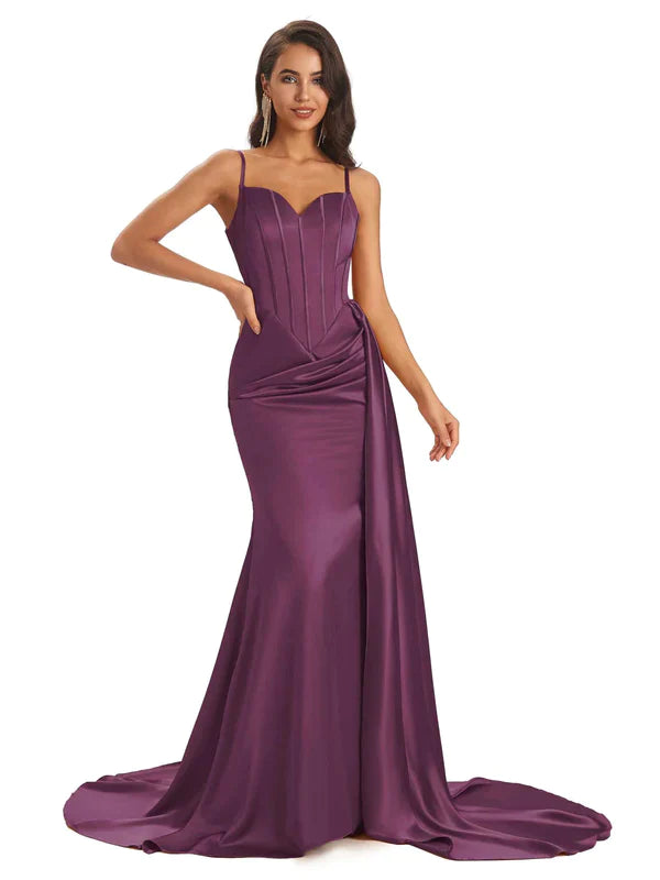 Mismatched Grape Sexy Side Slit Mermaid Soft Satin Long Bridesmaid Dresses Online