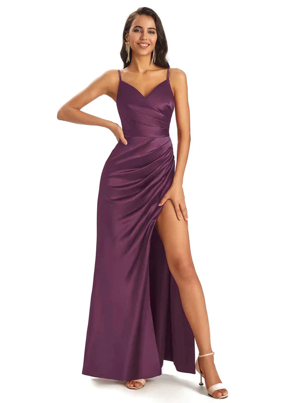 Mismatched Grape Sexy Side Slit Mermaid Soft Satin Long Bridesmaid Dresses Online