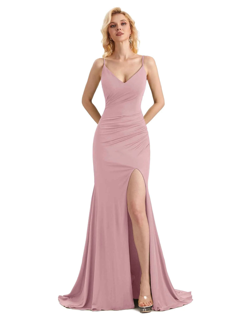 Sexy Mermaid Side Slit Stretchy Jersey Long Formal Prom Dresses 2023