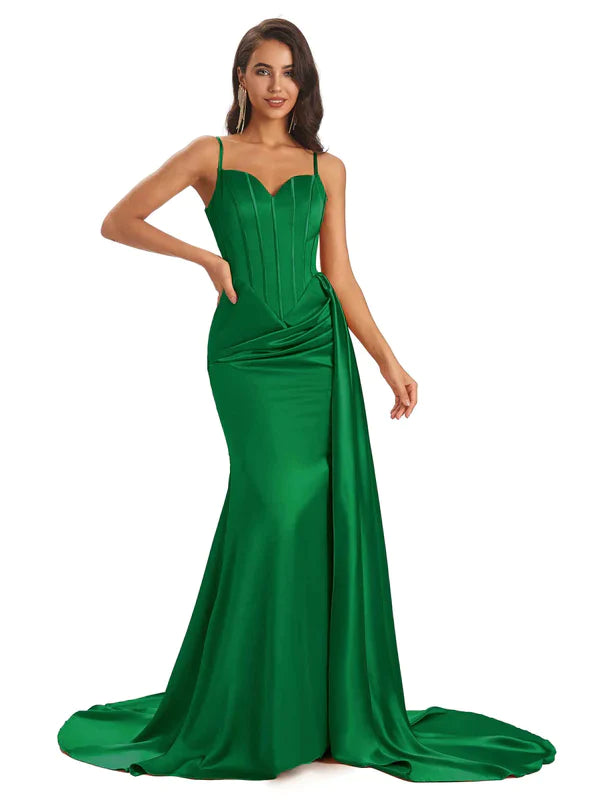 Mismatched Green Sexy Side Slit Mermaid Soft Satin Long Bridesmaid Dresses UK
